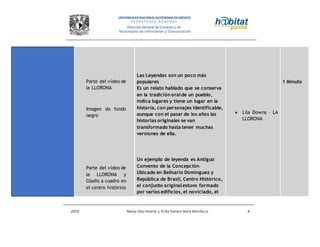 2010 Reyna Díaz Huerta y Erika Yazmin Avila Bonifacio 4
Parte del vídeo de
la LLORONA
Imagen de fondo
negro
Parte del vídeo de
la LLORONA y
Gladis a cuadro en
el centro histórico
Las Leyendas son un poco más
populares
Es un relato hablado que se conserva
en la tradición oralde un pueblo,
indica lugares y tiene un lugar en la
historia, con personajes identificable,
aunque con el pasar de los años las
historias originales se van
transformado hasta tener muchas
versiones de ella.
Un ejemplo de leyenda es Antiguo
Convento de la Concepción
Ubicado en Belisario Domínguez y
República de Brasil, Centro Histórico,
el conjunto originalestuvo formado
por varios edificios, el noviciado, el
 Lila Downs – LA
LLORONA
1 Minuto
 