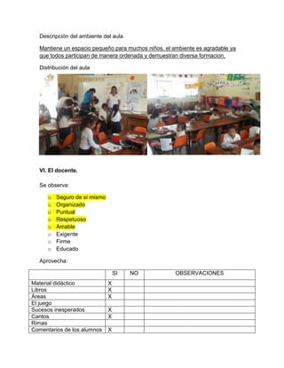 Descripción del ambiente del aula
Mantiene un espacio pequeño para muchos niños, el ambiente es agradable ya
que todos participan de manera ordenada y demuestran diversa formacion.
Distribución del aula
VI. El docente.
Se observa:
o Seguro de sí mismo
o Organizado
o Puntual
o Respetuoso
o Amable
o Exigente
o Firme
o Educado
Aprovecha:
SI NO OBSERVACIONES
Material didáctico X
Libros X
Áreas X
El juego
Sucesos inesperados X
Cantos X
Rimas
Comentarios de los alumnos X
 
