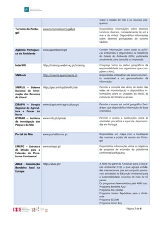 Página 7 de 9
sobre o estado do mar e os recursos pes-
queiros.
Turismo de Portu-
gal
www.turismodeportugal.pt Disponibiliza informações sobre destinos
turísticos diversos, nomeadamente de sol e
mar e de vinhos. Disponibiliza informações
sobre destinos portugueses de turismo
náutico.
Agência Portugue-
sa do Ambiente
www.apambiente.pt Contém informações sobre todas as políti-
cas ambientais e disponibiliza os Relatórios
do Estado do Ambiente (REA), publicados
anualmente, para consulta ou impressão.
InterSIG http://intersig-web.inag.pt/intersig Congrega todos os dados geográficos da
responsabilidade dos organismos que com-
põem o INAG.
SNIAmb http://sniamb.apambiente.pt Disponibiliza indicadores de desenvolvimen-
to sustentável e um geovisualizador da
informação.
SNIRLit – Sistema
Nacional de Infor-
mação dos Recursos
do Litoral
http://geo.snirh.pt/snirlit/site Permite a consulta das séries de dados das
redes de monitorização e disponibiliza in-
formações sobre as unidades do litoral, as
estruturas do litoral e as praias.
DRAPN – Direção
Regional de Agricul-
tura e Pescas do
Norte
www.drapn.min-agricultura.pt Permite o acesso ao portal geográfico Geo-
drapn, que disponibiliza informação de base
e temática.
IPIMAR – Instituto
de Investigação das
Pescas e do Mar
www.inrb.pt/ipimar Permite o acesso a publicações sobre as
atividades piscatória e aquícola, desenvolvi-
das em Portugal.
Portal do Mar www.portaldomar.pt Disponibiliza um mapa com a localização
das marinas e portos de recreio em Portu-
gal.
EMEPC – Estrutura
de Missão para a
Extensão da Plata-
forma Continental
www.emepc.pt Disponibiliza informações sobre os objetivos
da proposta de extensão da plataforma
continental portuguesa.
ABAE - Associação
Bandeira Azul da
Europa
http://abae.pt/ A ABAE faz parte da Fundação para a Educa-
ção Ambiental (FEE), a qual agrupa entida-
des internacionais que, em conjunto promo-
vem atividades de Educação Ambiental para
a Sustentabilidade, oriundas de mais de 60
países.
Os programas desenvolvidos pela ABAE são:
Programa Bandeira Azul
Programa Eco-Escolas
Programa Jovens Repórteres para o Ambi-
ente
Programa ECOXXI
Programa Green Key
 