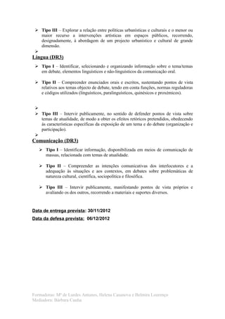  Tipo III – Explorar a relação entre políticas urbanísticas e culturais e o menor ou
   maior recurso a intervenções artísticas em espaços públicos, recorrendo,
   designadamente, à abordagem de um projecto urbanístico e cultural de grande
   dimensão.
 
Língua (DR3)
  Tipo I – Identificar, selecionando e organizando informação sobre o tema/temas
   em debate, elementos linguísticos e não-linguísticos da comunicação oral.

  Tipo II – Compreender enunciados orais e escritos, sustentando pontos de vista
   relativos aos temas objecto de debate, tendo em conta funções, normas reguladoras
   e códigos utilizados (linguísticos, paralinguísticos, quinésicos e proxémicos).


 
  Tipo III – Intervir publicamente, no sentido de defender pontos de vista sobre
   temas de atualidade, de modo a obter os efeitos retóricos pretendidos, obedecendo
   às características específicas da exposição de um tema e do debate (organização e
   participação).
 
Comunicação (DR3)
    Tipo I – Identificar informação, disponibilizada em meios de comunicação de
     massas, relacionada com temas de atualidade.

    Tipo II – Compreender as intenções comunicativas dos interlocutores e a
     adequação às situações e aos contextos, em debates sobre problemáticas de
     natureza cultural, científica, sociopolítica e filosófica.

    Tipo III – Intervir publicamente, manifestando pontos de vista próprios e
     avaliando os dos outros, recorrendo a materiais e suportes diversos.



Data de entrega prevista: 30/11/2012
Data da defesa prevista: 06/12/2012




Formadoras: Mª de Lurdes Antunes, Helena Casanova e Belmira Lourenço
Mediadora: Bárbara Cunha
 