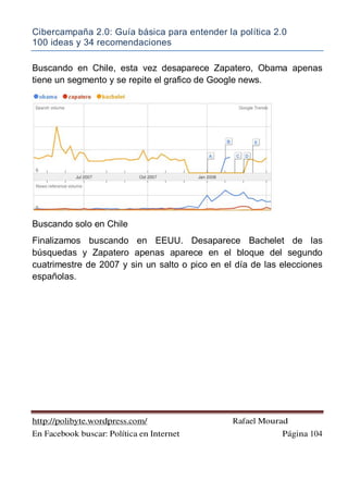 Cibercampaña 2.0: Guía básica para entender la política 2.0
100 ideas y 34 recomendaciones
http://polibyte.wordpress.com/ Rafael Mourad
En Facebook buscar: Política en Internet Página 104
Buscando en Chile, esta vez desaparece Zapatero, Obama apenas
tiene un segmento y se repite el grafico de Google news.
Buscando solo en Chile
Finalizamos buscando en EEUU. Desaparece Bachelet de las
búsquedas y Zapatero apenas aparece en el bloque del segundo
cuatrimestre de 2007 y sin un salto o pico en el día de las elecciones
españolas.
 
