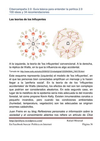 Cibercampaña 2.0: Guía básica para entender la política 2.0
100 ideas y 34 recomendaciones
http://polibyte.wordpress.com/ Rafael Mourad
En Facebook buscar: Política en Internet Página 36
Las teorías de los Influyentes
A la izquierda, la teoría de 'los influyentes' convencional. A la derecha,
la réplica de Watts, en la que la influencia es algo accidental.
Tomado de: http://www.soitu.es/soitu/2008/02/12/vidadigital/1202840844_746178.html
Este esquema representa (izquierda) el modelo de 'los influyentes', en
el que las personas bien conectadas amplifican un mensaje y lo hacen
llegar a la 'periferia social'. En la teoría de de los 'influyentes
accidentales' de Watts (derecha), los efectos de red son tan complejos
que podrían ser considerados aleatorios. En este segundo caso, en
lugar de la metáfora de la epidemia sería más adecuada la del incendio
forestal, tal como propone Kevin Kelly. Existen innumerables conatos o
pequeño incendios, pero cuando las condiciones ambientales
(humedad, temperatura, vegetación) son las adecuadas se originan
enormes catástrofes.
Juan Freire en su blog Reflexiones personales e información sobre la
sociedad y el conocimiento abiertos nos refiere un artículo de Clive
 