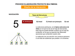 PROCESO ELABORACIÓN PROYECTO MULTIMEDIA
              Diseño de la interacción


NAVEGACIÓN
                             Tipos de Estructuras




    5
             A) Jerárquica        B) lineal      C) lineal con jerarquía      D) red


                                 La estructura jerárquica, es la típica estructura de
                                 árbol, en el que la raíz es la hoja de bienvenida,
                                 esta hoja se puede también sustituir por la hoja de
                                 contenido, en la que se exponen las diferentes
                                 secciones que contendrá nuestro sitio.
                                 La selección de una sección nos conduce asimismo
                                 a una lista de subtemas que pueden o no dividirse.
 