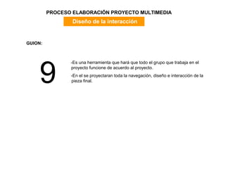 PROCESO ELABORACIÓN PROYECTO MULTIMEDIA
                 Diseño de la interacción


GUION:




    9
                -Es una herramienta que hará que todo el grupo que trabaja en el
                proyecto funcione de acuerdo al proyecto.
                -En el se proyectaran toda la navegación, diseño e interacción de la
                pieza final.
 