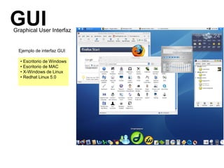 GUI
Graphical User Interfaz


  Ejemplo de interfaz GUI

  • Escritorio de Windows
  • Escritorio de MAC
  • X-Windows de Linux
  • Redhat Linux 5.0
 