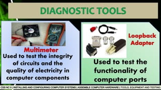 TOOLS, EQUIPMENT AND TESTING
Used to test the integrity
of circuits and the
quality of electricity in
computer components
Used to test the
functionality of
computer ports
 