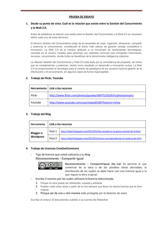 PRUEBA DE ENSAYO

1. Desde su punto de vista: Cuál es la relación que existe entre la Gestión del Conocimiento
   y la Web 2.0.

   Antes de establecer la relación que existe entre la Gestión del Conocimiento y la Wed 2.0 es necesario
   definir cada uno de estos términos.

   El término Gestión del Conocimiento surge de la necesidad de crear, organizar, almacenar, compartir
   y potenciar el conocimiento; considerado el activo más valioso de generar ventaja competitiva e
   innovación. La Web 2,0 es el nombre atribuido a un sinnúmero de herramientas tecnológicas,
   centrada en el usuario creadas para personas con intereses comunes que comparten información,
   recursos, conocimiento, donde todos se benefician de la denominada inteligencia colectiva.

   La relación Gestión del Conocimiento y Web 2,0 está dada por la coincidencia de propósito, de forma
   que se complementan y potencian, dando como resultado un desarrollo e innovación mutua. La Web
   2,0 ha proporcionado la tecnología para el cambio de paradigma de los usuarios hacia la gestión de la
   información y el conocimiento, en algunos casos de forma imperceptible.

2. Trabajo de Flickr, Youtube


   Herramienta Link a los recursos

   Flickr               http://www.flickr.com/photos/guialex/6697525629/in/photostream/

   Youtube              http://www.youtube.com/user/aleja30100?feature=mhee


3. Trabajo del Blog


   Herramienta          Link a los recursos

                        Post 1   http://aleja3.blogspot.com/2012/01/loja-situada-en-la-parte-oriental-de-la.html
   Blogger o
   Wordpress
                        Post 2   http://aleja3.blogspot.com/2012/01/temas-correspondientes-la-materia-de.html



4. Trabajo de Licencias CreativeCommons

   -   Tipo de licencia que usted colocaría a su blog
       Reconocimiento - Compartir igual




   -   Escriba 3 razones por las cuales utilizaría la licencia seleccionada.
       1. Porque mi obra puede ser distribuida, copiada y exhibida.
       2. Pueden crear otras obras a partir de la mía siempre que lleven la misma licencia que la obra
            original.
       3. Porque así de una u otra manera está protegida por el derecho de autor.

   Escriba el enlace al documento subido a su cuenta de Slideshar

   http://www.slideshare.net/guialex30/guisella-requena
 