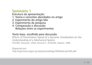 Seminário 1
Estrutura da apresentação:
1. Teoria e conceitos abordados no artigo
2. Experimento do artigo lido
3. Experimento da pesquisa
4. Comparação e discussão:
   Relações entre os experimentos

Texto base, escolhido para discussão:
Effects of Presentation Speed of a Dynamic Visualization on the
Understanding of a Mechanical System
FISCHER, Sebastian, LOWE, Richard K., SCHWAN, Stephan. 2006

Disponível em:
http://csjarchive.cogsci.rpi.edu/proceedings/2006/docs/p1305.pdf



                                                                   2 / 42
 