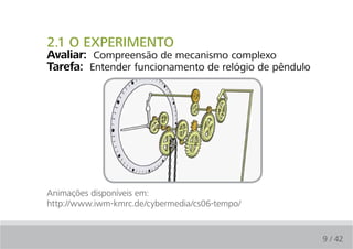 2.1 O EXPERIMENTO
Avaliar: Compreensão de mecanismo complexo
Tarefa: Entender funcionamento de relógio de pêndulo




Animações disponíveis em:
http://www.iwm-kmrc.de/cybermedia/cs06-tempo/


                                                       9 / 42
 