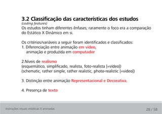 3.2 classificação das características dos estudos
            (coding features)
            Os estudos tinham diferentes ênfases; raramente o foco era a comparação
            do Estático X Dinâmico em si.

            Os critérios/variáveis a seguir foram identificados e classificados:
            1. Diferenciação entre animação em vídeo,
               animação e produzida em computador

            2.Níveis de realismo
            (esquemático, simplificado, realista, foto-realista [=vídeo])
            (schematic, rather simple, rather realistic, photo-realistic [=video])

            3. Distinção entre animação Representacional e Decorativa.

            4. Presença de texto



Instruções visuais estáticas X animadas                                              28 / 58
 