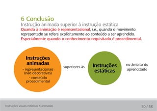 6 Conclusão
            Instrução animada superior à instrução estática
            Quando a animação é representacional, i.e., quando o movimento
            representado se refere explicitamente ao conteúdo a ser aprendido.
            Especialmente quando o conhecimento requisitado é procedimental.



                instruções
                animadas                                  instruções   no âmbito do
                                          superiores às
              - representacionais                                      aprendizado
               (não decorativas)                           estáticas
                   - conteúdo
                 procedimental




Instruções visuais estáticas X animadas                                        50 / 58
 