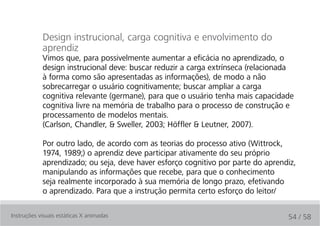 Design instrucional, carga cognitiva e envolvimento do
            aprendiz
            Vimos que, para possivelmente aumentar a eficácia no aprendizado, o
            design instrucional deve: buscar reduzir a carga extrínseca (relacionada
            à forma como são apresentadas as informações), de modo a não
            sobrecarregar o usuário cognitivamente; buscar ampliar a carga
            cognitiva relevante (germane), para que o usuário tenha mais capacidade
            cognitiva livre na memória de trabalho para o processo de construção e
            processamento de modelos mentais.
            (Carlson, Chandler, & Sweller, 2003; Höffler & Leutner, 2007).

            Por outro lado, de acordo com as teorias do processo ativo (Wittrock,
            1974, 1989;) o aprendiz deve participar ativamente do seu próprio
            aprendizado; ou seja, deve haver esforço cognitivo por parte do aprendiz,
            manipulando as informações que recebe, para que o conhecimento
            seja realmente incorporado à sua memória de longo prazo, efetivando
            o aprendizado. Para que a instrução permita certo esforço do leitor/

Instruções visuais estáticas X animadas                                           54 / 58
 