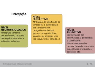 Percepção
                                            nível
                                            PercePtivO
                                            Atribuição de significado às
                                            sensações, e classificação
nível                                       das sensações em
neurOfisiOlógicO                            categorias conhecidas.            nível
Percepção sensorial                         (por ex.: um gosto doce,
                                                                              cOgnitivO
dos estímulos; resposta                                                       Interpretação das
                                            salgado, ou amargo; uma
dos órgãos sensoriais a                                                       informações já percebidas
                                            voz suave, firme, irritada,...)
estímulos externos                                                            e classificadas.
                                                                              Nossa interpretação
                                                                              pessoal baseada em nossas
                                                                              experiências, motivações,
                                                                              contexto, etc.




  Instruções visuais estáticas X animadas                                                       7 / 58
 