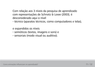 Com relação aos 3 níveis da pesquisa de aprendizado
           com representações de Schnotz & Lowe (2003), é
           desconsiderado aqui o nível
           - técnico (aparatos técnicos, como computadores e telas),

           e expandidos os níveis
           - semióticos (textos, imagens e sons) e
           - sensoriais (modo visual ou auditivo).




Como animações influenciam no aprendizado?                             11 / 32
 