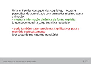 Uma análise das consequências cognitivas, motoras e
           perceptivas do aprendizado com animações mostrou que a
           animação:
           - mostra a informação dinâmica de forma explícita
           (o que pode reduzir a carga cognitiva requerida)

           - pode também trazer problemas significativos para a
           memória e processamento
           (por causa de sua natureza transitória)




Como animações influenciam no aprendizado?                        18 / 32
 
