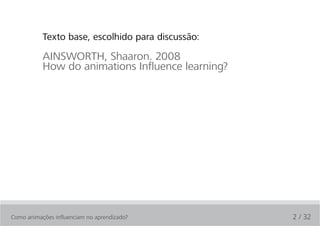 Texto base, escolhido para discussão:

           AINSWORTH, Shaaron. 2008
           How do animations Influence learning?




Como animações influenciam no aprendizado?         2 / 32
 