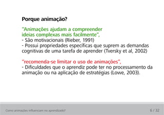 Porque animação?
           “Animações ajudam a compreender
           ideias complexas mais facilmente”,
           - São motivacionais (Rieber, 1991)
           - Possui propriedades específicas que suprem as demandas
           cognitivas de uma tarefa de aprender (Tversky et al, 2002)

           “recomenda-se limitar o uso de animações”,
           - Dificuldades que o aprendiz pode ter no processamento da
           animação ou na aplicação de estratégias (Lowe, 2003).




Como animações influenciam no aprendizado?                              6 / 32
 