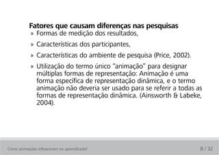 Fatores que causam diferenças nas pesquisas
            » Formas de medição dos resultados,
            » Características dos participantes,
            » Características do ambiente de pesquisa (Price, 2002).
            » Utilização do termo único “animação” para designar
              múltiplas formas de representação: Animação é uma
              forma específica de representação dinâmica, e o termo
              animação não deveria ser usado para se referir a todas as
              formas de representação dinâmica. (Ainsworth & Labeke,
              2004).




Como animações influenciam no aprendizado?                             8 / 32
 
