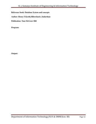 K. J. Somaiya Institute of Engineering & Information Technology

Reference book: Database System and concepts

Author: Henry F.Korth,Sliberchartz ,Sudarshan

Publication: Tata McGraw Hill


Program:




Output:




Department of Information Technology/GUI & DBM(Sem: III)                    Page 12
 