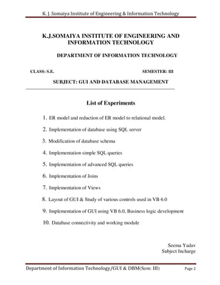 K. J. Somaiya Institute of Engineering & Information Technology



       K.J.SOMAIYA INSTITUTE OF ENGINEERING AND
               INFORMATION TECHNOLOGY

                DEPARTMENT OF INFORMATION TECHNOLOGY


  CLASS: S.E.                                           SEMESTER: III

            SUBJECT: GUI AND DATABASE MANAGEMENT
_____________________________________________________________________


                            List of Experiments

       1. ER model and reduction of ER model to relational model.

       2. Implementation of database using SQL server
       3. Modification of database schema

       4. Implementation simple SQL queries

       5. Implementation of advanced SQL queries

       6. Implementation of Joins

       7. Implementation of Views

       8. Layout of GUI & Study of various controls used in VB 6.0

       9. Implementation of GUI using VB 6.0, Business logic development

       10. Database connectivity and working module


                                                                  Seema Yadav
                                                                Subject Incharge


Department of Information Technology/GUI & DBM(Sem: III)                   Page 2
 
