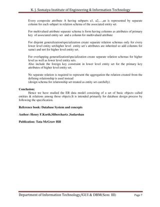 K. J. Somaiya Institute of Engineering & Information Technology

       Every composite attribute A having subparts a1, a2,…,an is represented by separate
       column for each subpart in relation schema of the associated entity set.

       For multivalued attribute separate schema is form having columns as attributes of primary
       key of associated entity set and a column for multivalued attribute

       For disjoint generalization/specialization create separate relation schemas only for every
       lower level entity set(higher level entity set’s attributes are inherited so add columns for
       same) and not for higher level entity set.

       For overlapping generatlization/specialization create separate relation schemas for higher
       level as well as lower level entity sets.
       Also include the foreign key constraint in lower level entity set for the primary key
       attributes of higher level entity set.

       No separate relation is required to represent the aggregation the relation created from the
       defining relationship is used instead
       (design schema for relationship set treated as entity set carefully)

Conclusion:
        Hence we have studied the ER data model consisting of a set of basic objects called
entities & relations among those objects.It is intended primarily for database design process by
following the specification.

Reference book: Database System and concepts

Author: Henry F.Korth,Sliberchartz ,Sudarshan

Publication: Tata McGraw Hill




Department of Information Technology/GUI & DBM(Sem: III)                                    Page 7
 