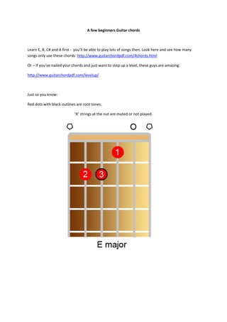 A few beginners Guitar chords



Learn E, B, C# and A first - you’ll be able to play lots of songs then. Look here and see how many
songs only use these chords: http://www.guitarchordpdf.com/4chords.html

Or – if you’ve nailed your chords and just want to step up a level, these guys are amazing:

http://www.guitarchordpdf.com/levelup/



Just so you know:

Red dots with black outlines are root tones.

                            ‘X’ strings at the nut are muted or not played.
 