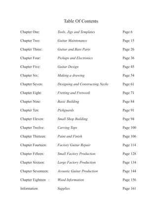 Table Of Contents
Chapter One:

Tools, Jigs and Templates

Page 6

Chapter Two:

Guitar Maintenance

Page 15

Chapter Three:

Guitar and Bass Parts

Page 26

Chapter Four:

Pickups and Electronics

Page 36

Chapter Five:

Guitar Design

Page 45

Chapter Six:

Making a drawing

Page 54

Chapter Seven:

Designing and Constructing Necks

Page 61

Chapter Eight:

Fretting and Fretwork

Page 71

Chapter Nine:

Basic Building

Page 84

Chapter Ten:

Pickguards

Page 91

Chapter Eleven:

Small Shop Building

Page 94

Chapter Twelve:

Carving Tops

Page 100

Chapter Thirteen:

Paint and Finish

Page 106

Chapter Fourteen:

Factory Guitar Repair

Page 114

Chapter Fifteen:

Small Factory Production

Page 128

Chapter Sixteen:

Large Factory Production

Page 134

Chapter Seventeen:

Acoustic Guitar Production

Page 144

Chapter Eighteen :

Wood Information

Page 156

Information

Supplies

Page 161

 