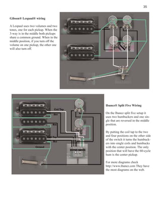 35

Gibson® Lespaul® wiring
A Lespaul uses two volumes and two
tones, one for each pickup. When the
3-way is in the middle both pickups
share a common ground. When in the
middle position, if you turn off the
volume on one pickup, the other one
will also turn off.

Ibanez® Split Five Wiring
On the Ibanez split five setup it
uses two humbuckers and one single that are reversed in the middle
position.
By putting the coil tap to the two
and four positions on the other side
of the switch it turns the humbuckers into single coils and humbucks
with the center position. The only
position that will have the 60-cycle
hum is the center pickup.
For more diagrams check
http://www.ibanez.com They have
the most diagrams on the web.

 