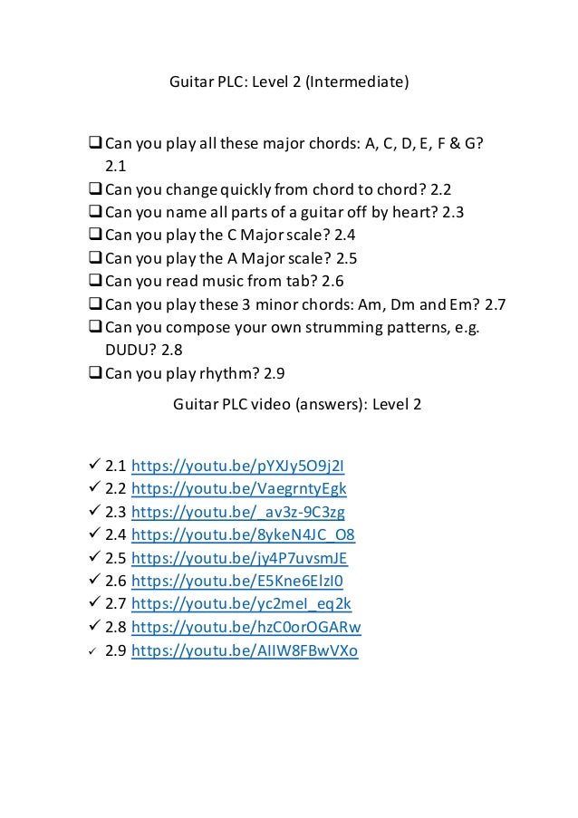 Guitar Personal Learning Checklist Level 2