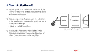 3/14/2015 Manufacturing Technology
#Electric Guitars#
 Electric guitars can have solid, semi-hollow, or
hollow bodies; solid bodies produce little sound
without amplification.
 Electromagnetic pickups convert the vibration
of the steel strings into signals, which are fed to
an amplifier through
a cable or radio transmitter.
 The sound is frequently modified by other
electronic devices or the natural distortion of
valves (vacuum tubes) in the amplifier.
Cont…..
 