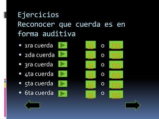 EjerciciosReconocer que cuerda es en forma auditiva1ra cuerda 		               o  2da cuerda			   o3ra cuerda			   o4ta cuerda			   o5ta cuerda			   o6ta cuerda			   oEs SegundacorrectocorrectoincorrectoEs CuartasinocorrectosinocorrectosinoincorrectosinosinocorrectoEs Sextasinocorrectoincorrecto