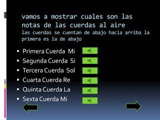 vamos a mostrar cuales son las notas de las cuerdas al airelas cuerdas se cuentan de abajo hacia arriba la primera es la de abajoPrimera Cuerda  Mi Segunda Cuerda  SiTercera Cuerda  SolCuarta Cuerda ReQuinta Cuerda LaSexta Cuerda Mi