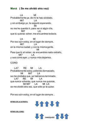 Maná ( Se me olvidó otra vez)
LA MÍ
Probablemente ya, de mí te has olvidado,
MI7 LA
y sin embargo yo, te seguiré esperando.
MI
no me he querido ir, para ver si algún día,
MI7 LA
que tú quieras volver, me encuentres todavía.
LA MÍ
Por eso aún estoy, en el lugar de siempre,
MI7 LA
en la misma ciudad, y con la misma gente.
MI
Para que tú al volver, no encuentres nada extraño,
MI7 LA
y sea como ayer, y nunca más dejarnos.
CORO
LA7 RE MI LA
Probablemente estoy,pidiendo demasiado,
MI MI7 LA
se me olvidaba que, ya habíamos terminado.
LA7 RE MI LA
que nunca volverás, que nunca me quisiste,
MI MI7 LA MI LA
se me olvidó otra vez, que sólo yo te quise.
Por eso aún estoy, en el lugar de siempre...
RITMO DE LA ESTROFA:
RITMO DEL CORO:
CHASQUIDO
 