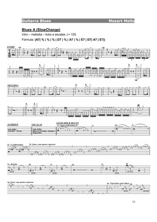 Guitarra Blues Mozart Mello
11
Blues A (SlowChange)
intro – melodia – licks e escalas = 120
Fórmula: |A7| % | % | % | D7 | % | A7 | % | E7 | D7| A7 | E7||
 