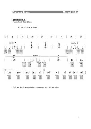 Guitarra Blues Mozart Mello
19
Shuffle em A
Fusão Rock-Jazz-Blues
1. Harmonia X Acordes
D.C. até A e fica repetindo o turnaround “A- - -B” até o fim
 