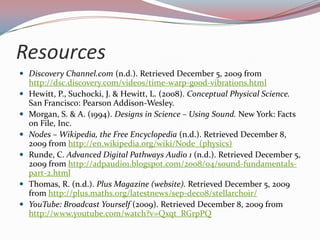ResourcesDiscovery Channel.com (n.d.). Retrieved December 5, 2009 from http://dsc.discovery.com/videos/time-warp-good-vibrations.htmlHewitt, P., Suchocki, J. & Hewitt, L. (2008). Conceptual Physical Science. San Francisco: Pearson Addison-Wesley.Morgan, S. & A. (1994). Designs in Science – Using Sound. New York: Facts on File, Inc.Nodes – Wikipedia, the Free Encyclopedia (n.d.). Retrieved December 8, 2009 from http://en.wikipedia.org/wiki/Node_(physics)Runde, C. Advanced Digital Pathways Audio 1 (n.d.). Retrieved December 5, 2009 from http://adpaudio1.blogspot.com/2008/04/sound-fundamentals-part-2.htmlThomas, R. (n.d.). Plus Magazine (website). Retrieved December 5, 2009 from http://plus.maths.org/latestnews/sep-dec08/stellarchoir/YouTube: Broadcast Yourself (2009). Retrieved December 8, 2009 from http://www.youtube.com/watch?v=Qxqt_RGrpPQ
