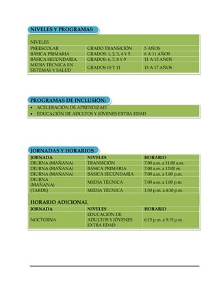 NIVELES Y PROGRAMAS

NIVELES
PREESCOLAR            GRADO TRANSICIÓN         5 AÑOS
BÁSICA PRIMARIA       GRADOS: 1, 2, 3, 4 Y 5   6 A 11 AÑOS
BÁSICA SECUNDARIA     GRADOS: 6, 7, 8 Y 9      11 A 15 AÑOS
MEDIA TÉCNICA EN
                      GRADOS 10 Y 11           15 A 17 AÑOS
SISTEMAS Y SALUD




PROGRAMAS DE INCLUSIÓN:
   ACELERACIÓN DE APRENDIZAJE
   EDUCACIÓN DE ADULTOS Y JÓVENES EXTRA EDAD




JORNADAS Y HORARIOS
JORNADA               NIVELES                  HORARIO
DIURNA (MAÑANA)       TRANSICIÓN               7:00 a.m. a 11:00 a.m.
DIURNA (MAÑANA)       BÁSICA PRIMARIA          7:00 a.m. a 12:00 m.
DIURNA (MAÑANA)       BÁSICA SECUNDARIA        7:00 a.m. a 1:00 p.m.
DIURNA
                      MEDIA TÉCNICA            7:00 a.m. a 1:00 p.m.
(MAÑANA)
(TARDE)               MEDIA TÉCNICA            1:30 p.m. a 4:30 p.m.

HORARIO ADICIONAL
JORNADA               NIVELES                  HORARIO
                      EDUCACIÓN DE
NOCTURNA              ADULTOS Y JÓVENES        6:15 p.m. a 9:15 p.m.
                      EXTRA EDAD
 