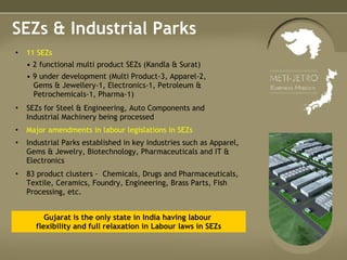 SEZs & Industrial Parks Gujarat is the only state in India having labour  flexibility and full relaxation in Labour laws in SEZs 83 product clusters -  Chemicals, Drugs and Pharmaceuticals, Textile, Ceramics, Foundry, Engineering, Brass Parts, Fish Processing, etc. • Industrial Parks established in key industries such as Apparel, Gems & Jewelry, Biotechnology, Pharmaceuticals and IT & Electronics • Major amendments in labour legislations in SEZs   • SEZs for Steel & Engineering, Auto Components and Industrial Machinery being processed  • 11 SEZs 2 functional multi product SEZs (Kandla & Surat)  9 under development (Multi Product-3, Apparel-2,   Gems & Jewellery-1, Electronics-1, Petroleum &   Petrochemicals-1, Pharma-1) • 