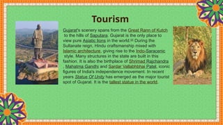 Tourism
Gujarat's scenery spans from the Great Rann of Kutch
to the hills of Saputara. Gujarat is the only place to
view pure Asiatic lions in the world.[2]
During the
Sultanate reign, Hindu craftsmanship mixed with
Islamic architecture, giving rise to the Indo-Saracenic
style. Many structures in the state are built in this
fashion. It is also the birthplace of Shrimad Rajchandra
, Mahatma Gandhi and Sardar Vallabhbhai Patel, iconic
figures of India's independence movement. In recent
years Statue Of Unity has emerged as the major tourist
spot of Gujarat. It is the tallest statue in the world.
 