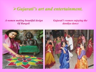 Gujarati’s art and entertainment. Gujarati’s women enjoying the  dandiya dance A women making beautiful design Of Rangoli  