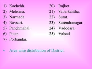 Kachchh. 20) Rajkot. Mehsana. 21) Sabarkantha. Narmada. 22) Surat. Navsari. 23) Surendranagar. Panchmahal. 24) Vadodara. Patan 25) Valsad Porbandar. Area wise distribution of District . 