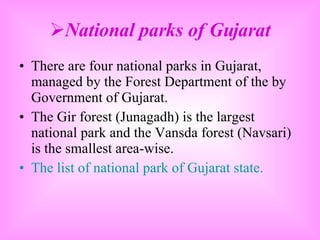 National parks of Gujarat There are four national parks in Gujarat, managed by the Forest Department of the by Government of Gujarat. The Gir forest (Junagadh) is the largest national park and the Vansda forest (Navsari) is the smallest area-wise. The list of national park of Gujarat state. 