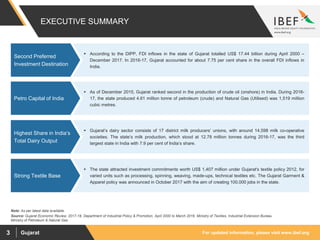 For updated information, please visit www.ibef.orgGujarat3
EXECUTIVE SUMMARY
Source: Gujarat Economic Review, 2017-18, Department of Industrial Policy & Promotion, April 2000 to March 2016, Ministry of Textiles, Industrial Extension Bureau
Ministry of Petroleum & Natural Gas
 According to the DIPP, FDI inflows in the state of Gujarat totalled US$ 17.44 billion during April 2000 –
December 2017. In 2016-17, Gujarat accounted for about 7.75 per cent share in the overall FDI inflows in
India.
Second Preferred
Investment Destination
 As of December 2015, Gujarat ranked second in the production of crude oil (onshore) in India. During 2016-
17, the state produced 4.61 million tonne of petroleum (crude) and Natural Gas (Utilised) was 1,519 million
cubic metres.
Petro Capital of India
 Gujarat’s dairy sector consists of 17 district milk producers’ unions, with around 14,598 milk co-operative
societies. The state’s milk production, which stood at 12.78 million tonnes during 2016-17, was the third
largest state in India with 7.9 per cent of India’s share.
Highest Share in India’s
Total Dairy Output
 The state attracted investment commitments worth US$ 1,407 million under Gujarat's textile policy 2012, for
varied units such as processing, spinning, weaving, made-ups, technical textiles etc. The Gujarat Garment &
Apparel policy was announced in October 2017 with the aim of creating 100,000 jobs in the state.
Strong Textile Base
Note: As per latest data available.
 