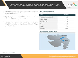 For updated information, please visit www.ibef.orgGujarat37
KEY SECTORS – AGRO & FOOD PROCESSING … (2/4)
 In 2018-19*, exports of major agriculture commodities from Gujarat
stood at US$ 1.42 billion.
 Gujarat’s dairy sector consists of 17 district milk producers’ unions,
with around 14,598 milk co-operative societies.
 The state’s milk production, which stood at 12.78 million tonnes
during 2016-17, was the third largest state in India with 7.9 per
cent of India’s share.
Crop 2018-19*
Fruits and Vegetable seeds 0.25
Fresh Onions 1.00
Dairy Products 6.56
Wheat 2.49
Pulses 1.51
Groundnut 40.69
Agri Exports (US$ million)
Note: * as of April - June 2018
Key districts in the dairy sector
Anand
Ahmedabad
Gandhinagar
 