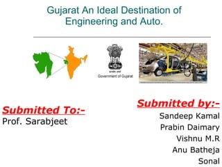 Gujarat An Ideal Destination of Engineering and Auto. ,[object Object],[object Object],[object Object],[object Object],[object Object],[object Object],Submitted To:- Prof. Sarabjeet 