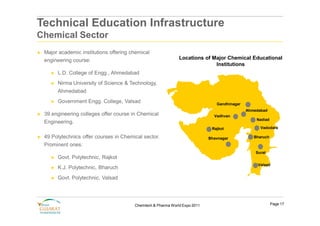 Technical Education Infrastructure
Chemical Sector
►   Major academic institutions offering chemical
    engineering course:                                         Locations of Major Chemical Educational
                                                                              Institutions
      ►   L.D. College of Engg., Ahmedabad
      ►   Nirma University of Science & Technology,
          Ahmedabad
      ►   Government Engg. College, Valsad                                       Gandhinagar
                                                                                               Ahmedabad
►   39 engineering colleges offer course in Chemical                            Vadhvan
                                                                                                   Nadiad
    Engineering.
                                                                               Rajkot                Vadodara

►   49 Polytechnics offer courses in Chemical sector.                         Bhavnagar           Bharuch

    Prominent ones:
                                                                                                   Surat
      ►   Govt. Polytechnic, Rajkot
                                                                                                    Valsad
      ►   K.J. Polytechnic, Bharuch
      ►   Govt. Polytechnic, Valsad




                                          Chemtech & Pharma World Expo 2011                                 Page 17
 