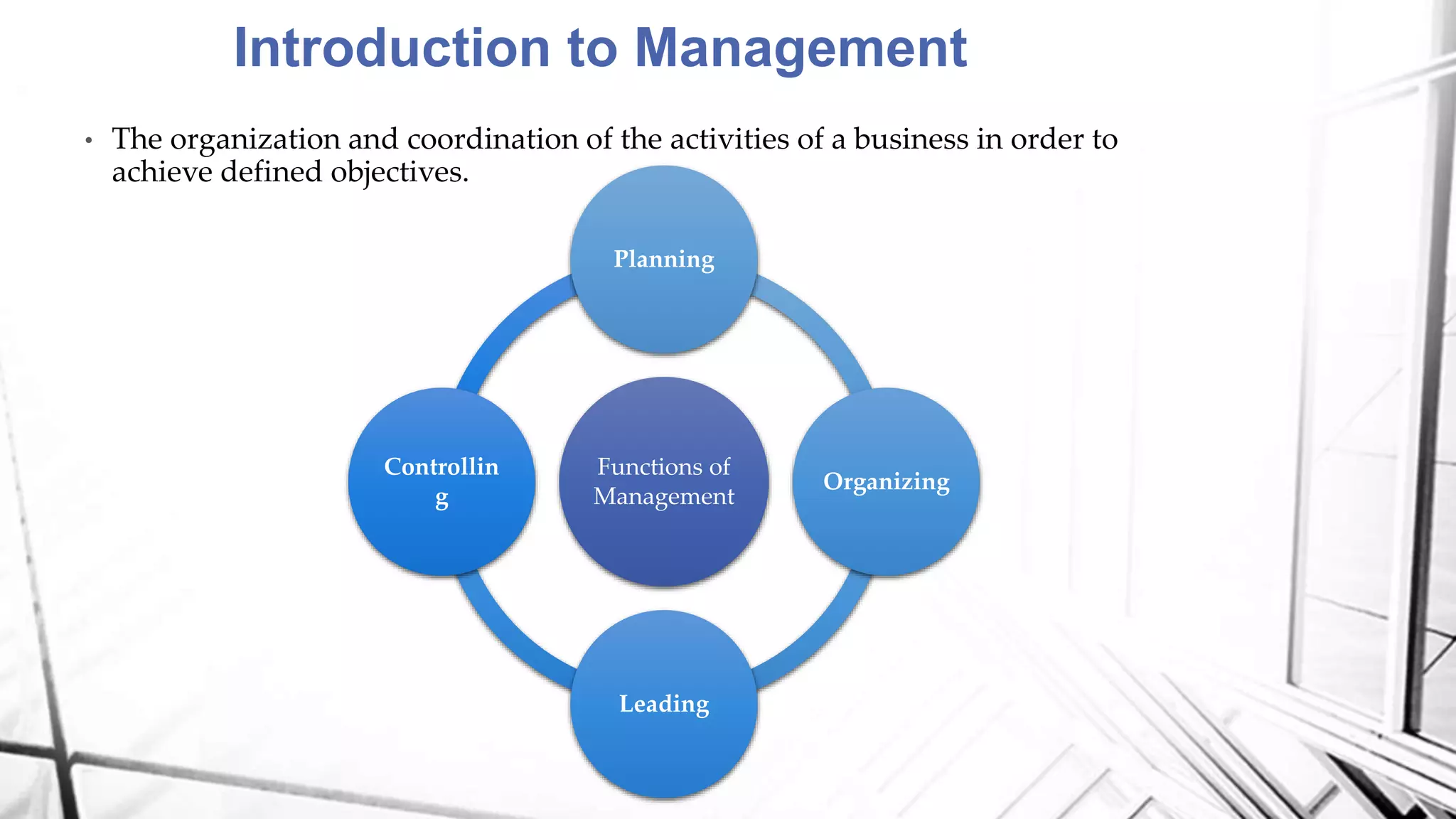 Introduction to Management
• The organization and coordination of the activities of a business in order to
achieve defined objectives.
Functions of
Management
Planning
Organizing
Leading
Controllin
g
 