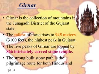 Girnar
• Girnar is the collection of mountains in
the Junagadh District of the Gujarat
state.
• The tallest of these rises to 945 meters
(3100 feet), the highest peak in Gujarat.
• The five peaks of Girnar are topped by
866 intricately carved stone temple.
• The strong built stone path is the
pilgrimage route for both Hindus and
jain
 