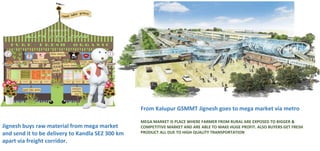 From Kalupur GSMMT Jignesh goes to mega market via metro
Jignesh buys raw material from mega market
and send it to be delivery to Kandla SEZ 300 km
apart via freight corridor.
MEGA MARKET IS PLACE WHERE FARMER FROM RURAL ARE EXPOSED TO BIGGER &
COMPETITIVE MARKET AND ARE ABLE TO MAKE HUGE PROFIT. ALSO BUYERS GET FRESH
PRODUCT ALL DUE TO HIGH QUALITY TRANSPORTATION
 