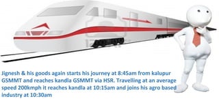 Jignesh & his goods again starts his journey at 8:45am from kalupur
GSMMT and reaches kandla GSMMT via HSR. Travelling at an average
speed 200kmph it reaches kandla at 10:15am and joins his agro based
industry at 10:30am
 